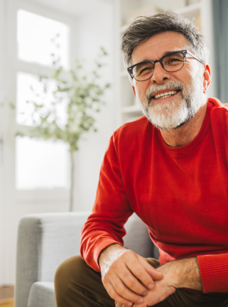 older man in red shirt