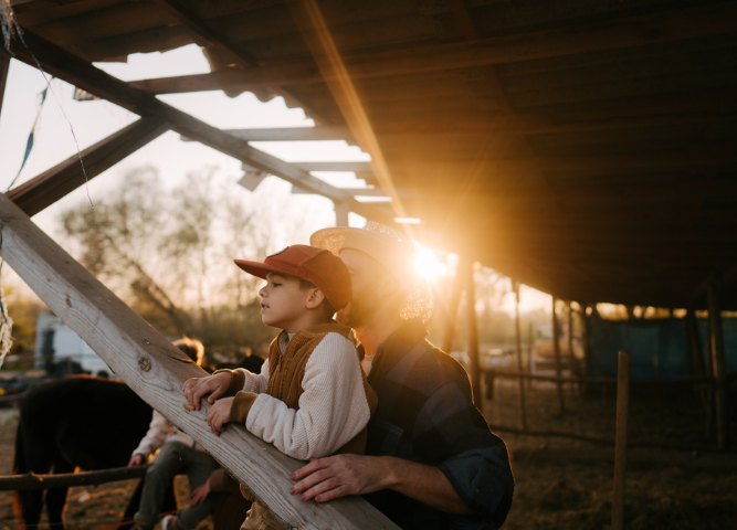 father and son on sunny farm