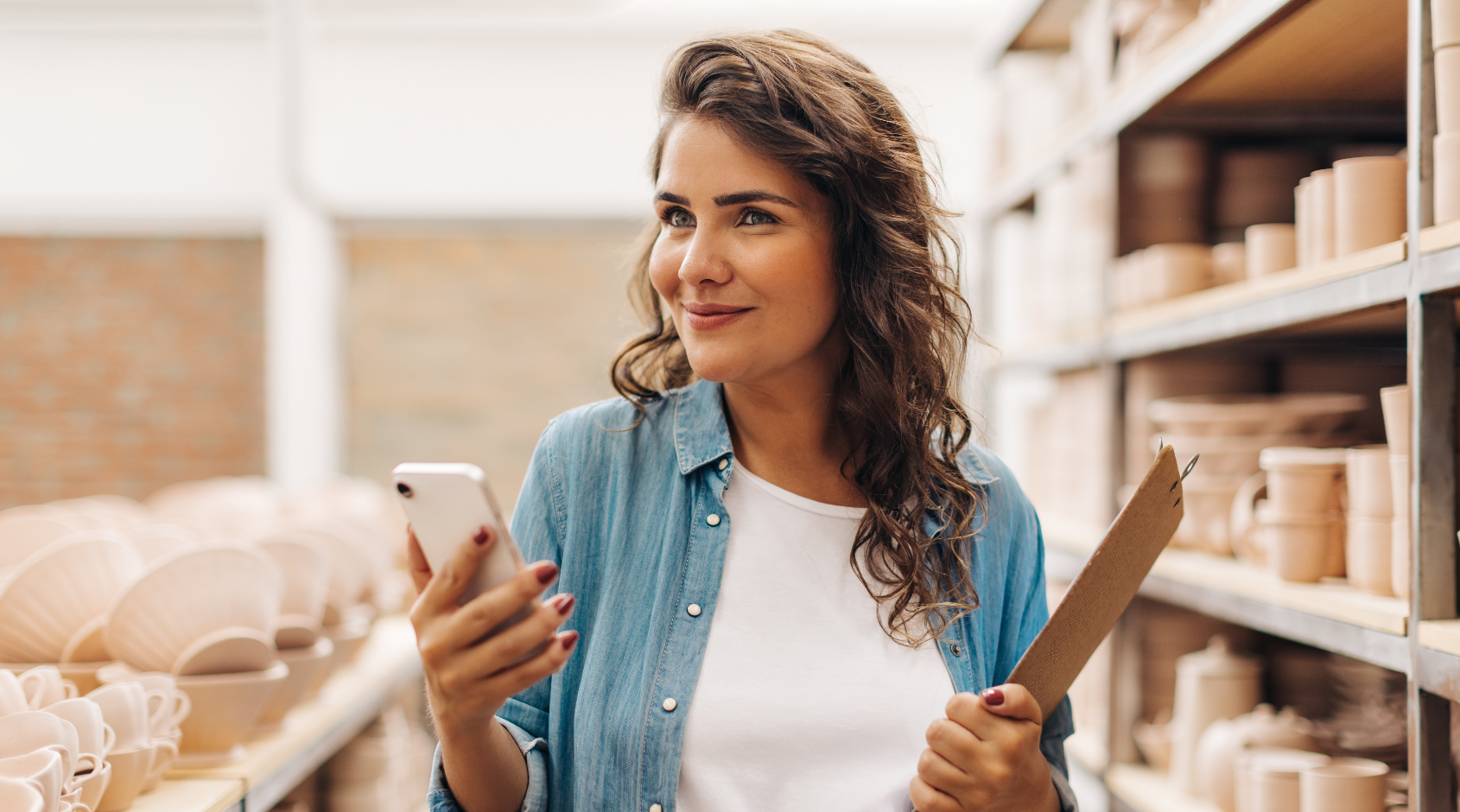 woman on phone in front of ceramics