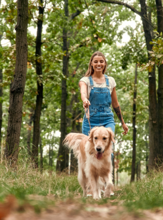 woman walking golden retriever